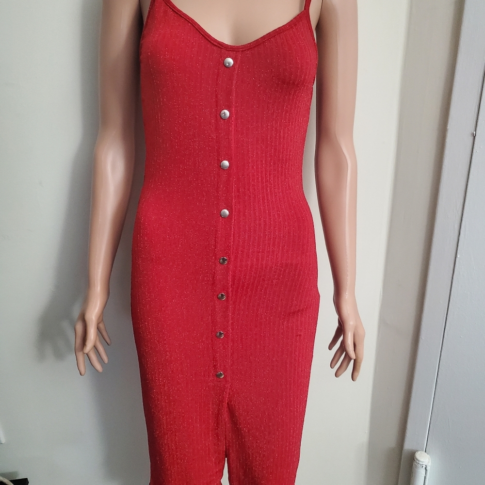 Red Ribbed Knit Button Detail Midi Dress